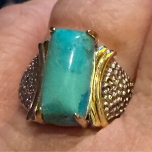 NWT JTV Sterling Silver Gold Overlay Rectangle Prong Set Turquoise Ring. Size 7